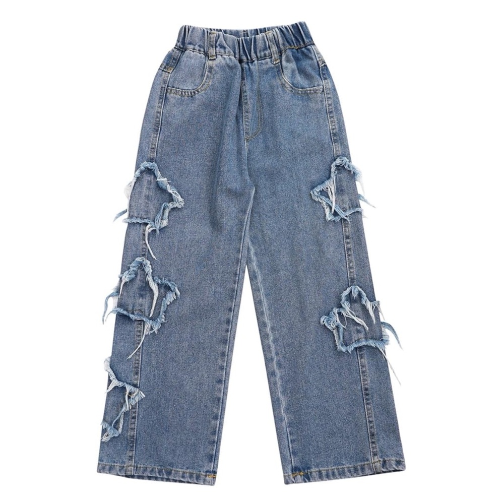 Unbranded Medium Wash Frayed Star Patch Jeans Elastic Waist Girls 170 14/16